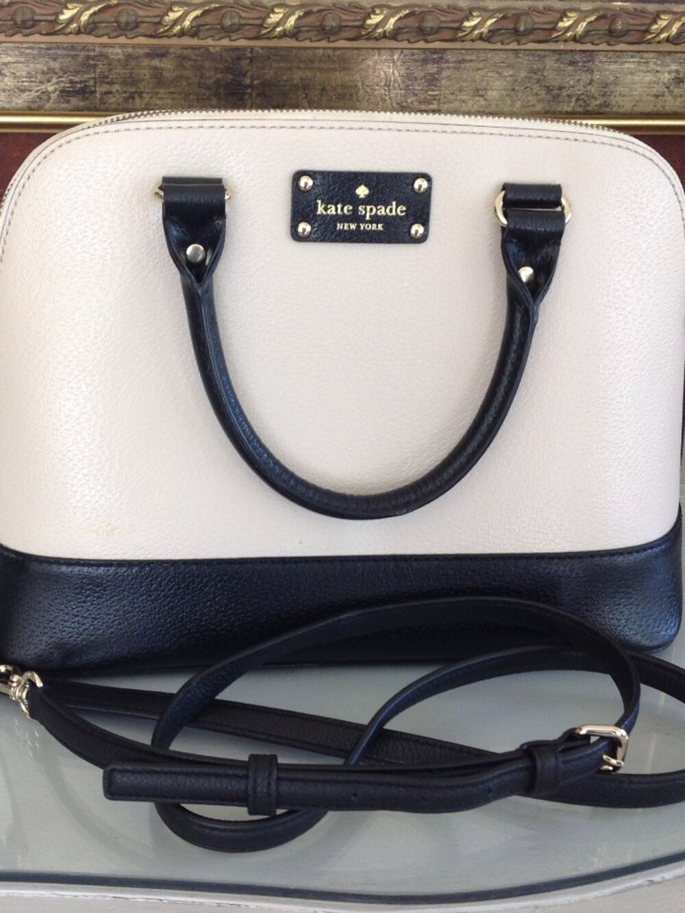 Kate Spade Berkeley Lane Rachelle Satchel Handbag Beige Black Leather
